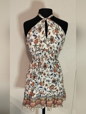 ILLA ILLA White Halter Mini Dress with Rust and Navy Floral Print